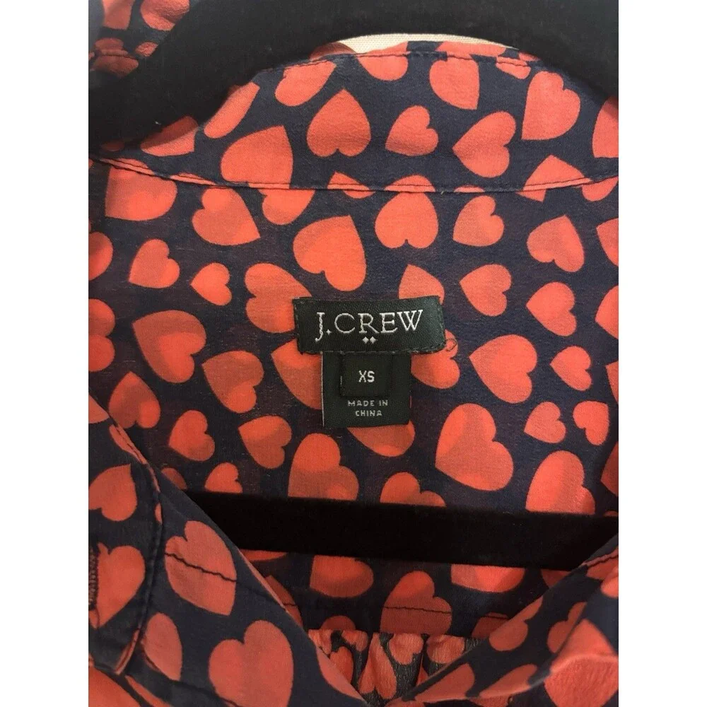 Valentines J Crew silk shirt button Down red hearts Navy XS Women’s Love